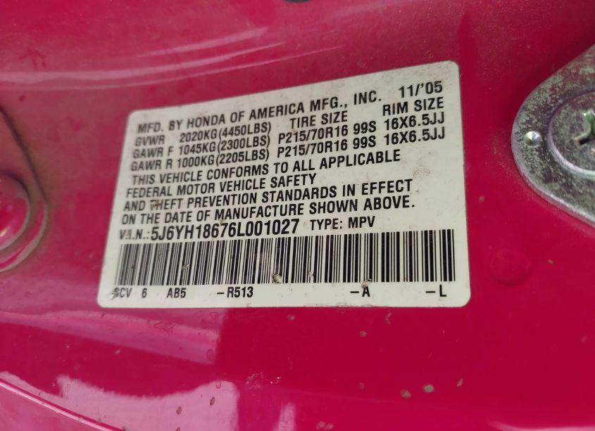 Photo 9 of 2006 Honda Element EX (VIN 5J6YH18676L001027)