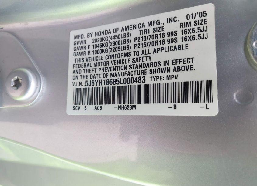 Photo 9 of 2005 Honda Element EX (VIN 5J6YH18685L000483)