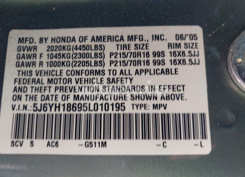 Photo 9 of 2005 Honda Element EX (VIN 5J6YH18695L010195)