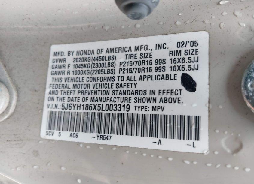 Photo 9 of 2005 Honda Element EX (VIN 5J6YH186X5L003319)