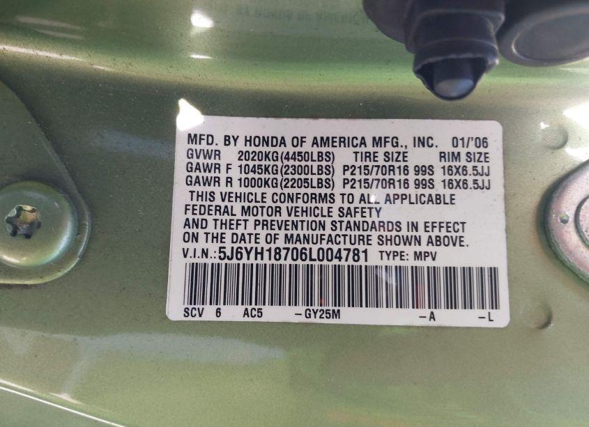 Photo 9 of 2006 Honda Element EX-P (VIN 5J6YH18706L004781)