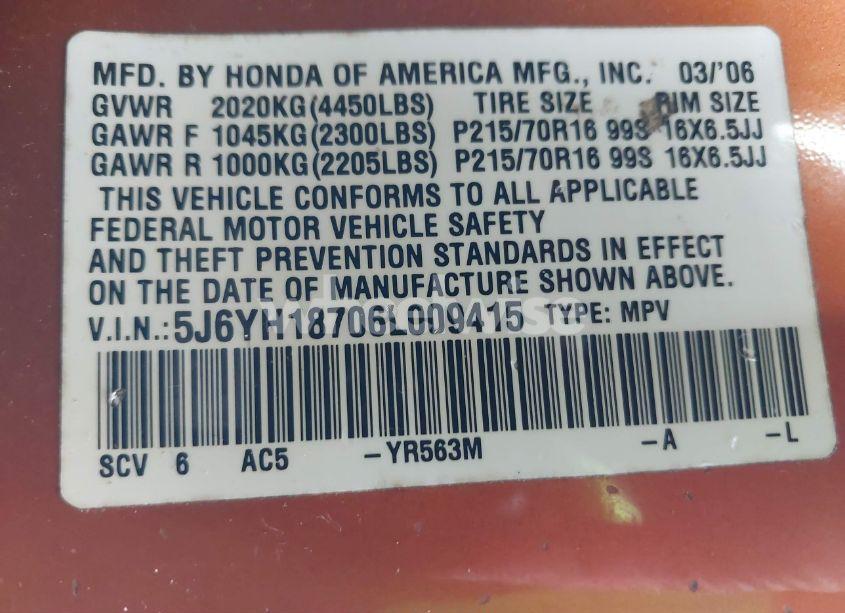 Photo 9 of 2006 Honda Element EX-P (VIN 5J6YH18706L009415)