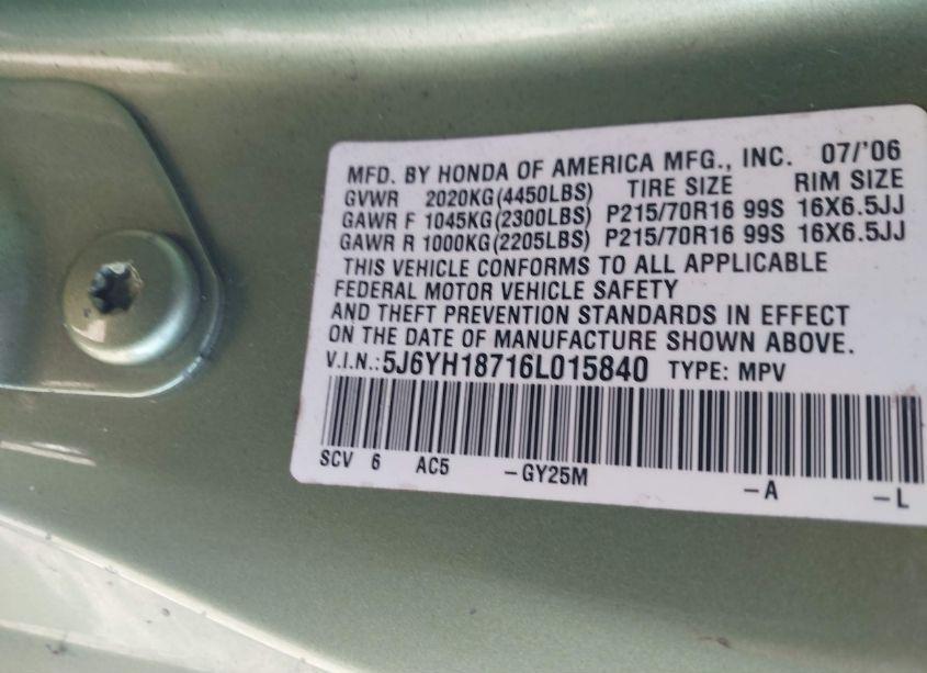 Photo 9 of 2006 Honda Element EX-P (VIN 5J6YH18716L015840)