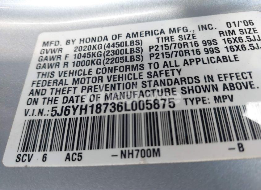 Photo 9 of 2006 Honda Element EX-P (VIN 5J6YH18736L005875)