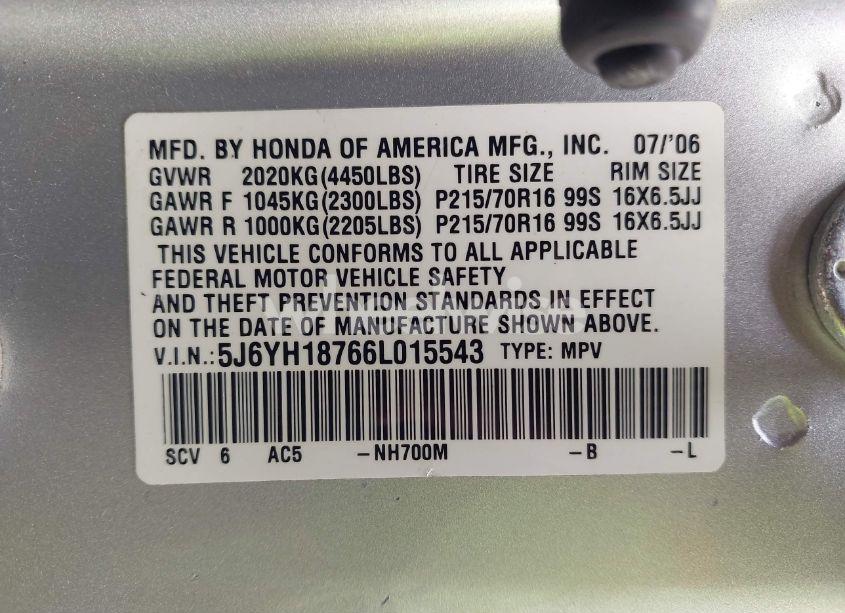 Photo 9 of 2006 Honda Element EX-P (VIN 5J6YH18766L015543)