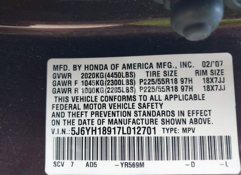 Photo 9 of 2007 Honda Element SC (VIN 5J6YH18917L012701)