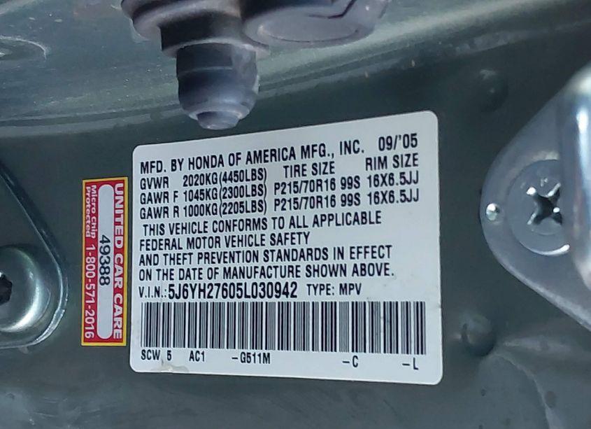 Photo 9 of 2005 Honda Element EX (VIN 5J6YH27605L030942)