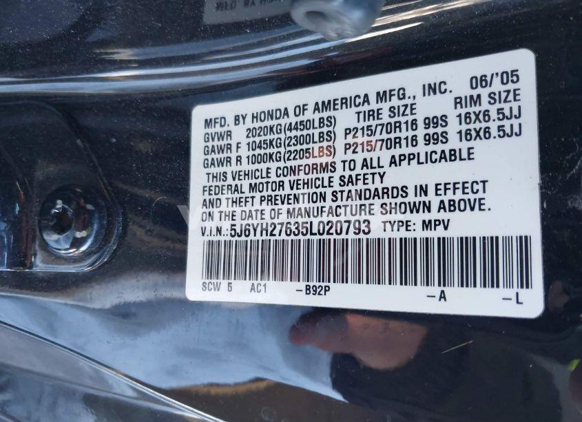 Photo 9 of 2005 Honda Element EX (VIN 5J6YH27635L020793)