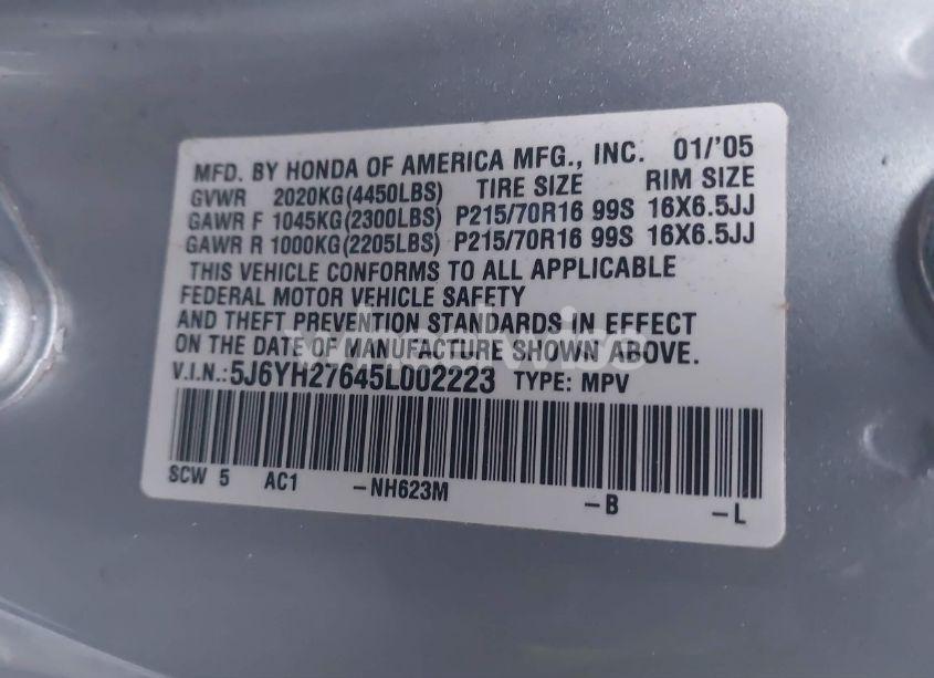 Photo 9 of 2005 Honda Element EX (VIN 5J6YH27645L002223)