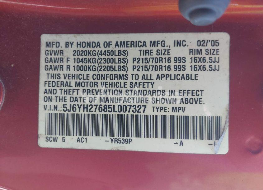 Photo 9 of 2005 Honda Element EX (VIN 5J6YH27685L007327)