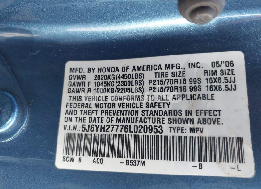 Photo 9 of 2006 Honda Element EX-P (VIN 5J6YH27776L020953)