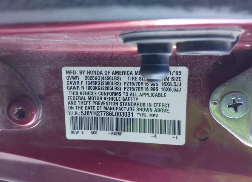 Photo 9 of 2006 Honda Element EX-P (VIN 5J6YH27786L003031)