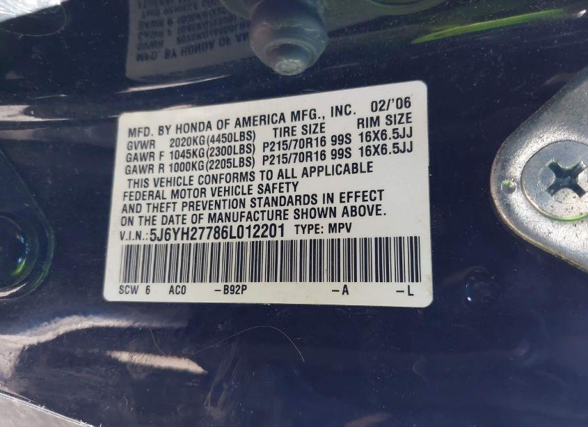 Photo 9 of 2006 Honda Element EX-P (VIN 5J6YH27786L012201)