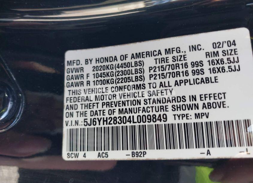 Photo 9 of 2004 Honda Element LX (VIN 5J6YH28304L009849)
