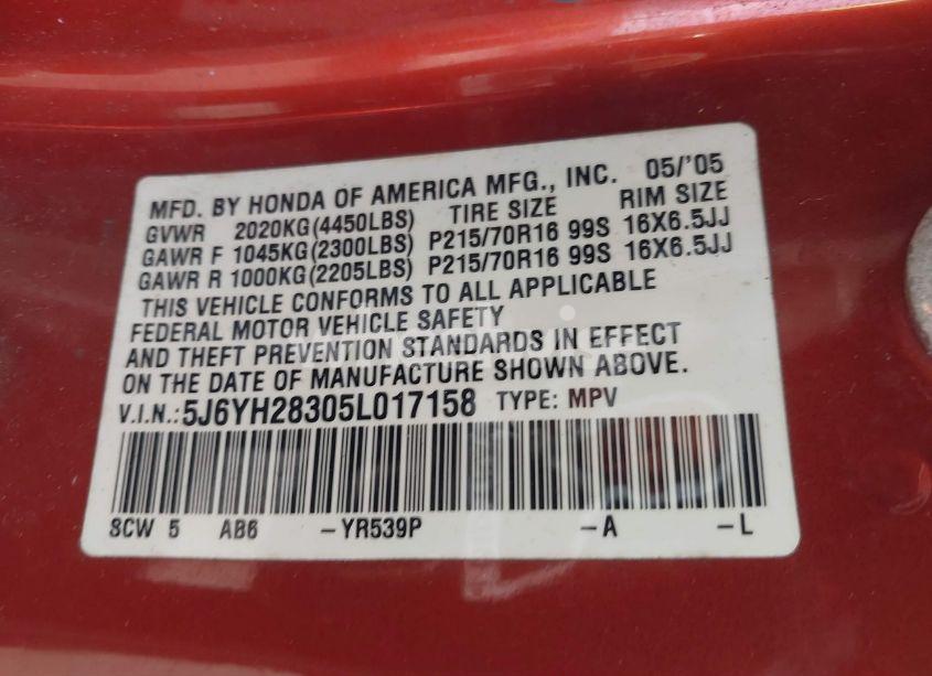 Photo 9 of 2005 Honda Element LX (VIN 5J6YH28305L017158)