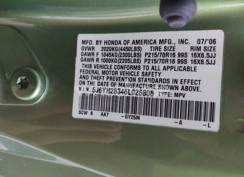 Photo 9 of 2006 Honda Element LX (VIN 5J6YH28346L026608)