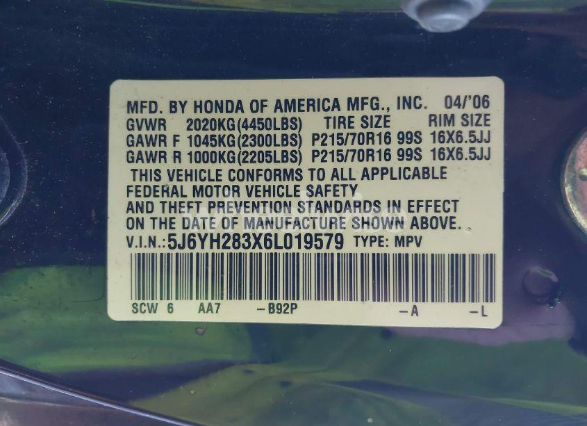 Photo 9 of 2006 Honda Element LX (VIN 5J6YH283X6L019579)