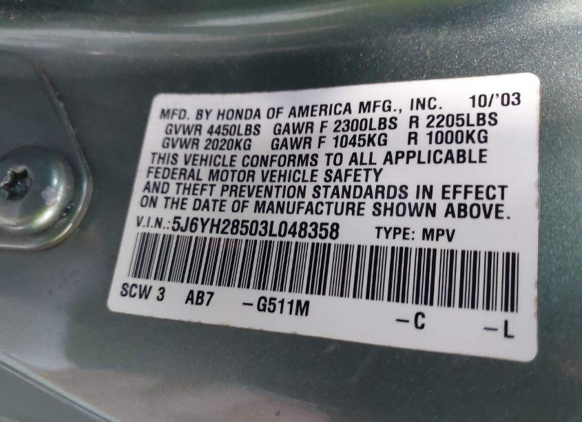 Photo 9 of 2003 Honda Element EX (VIN 5J6YH28503L048358)