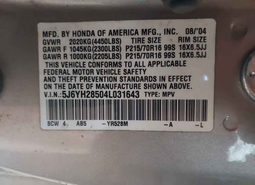 Photo 9 of 2004 Honda Element EX (VIN 5J6YH28504L031643)