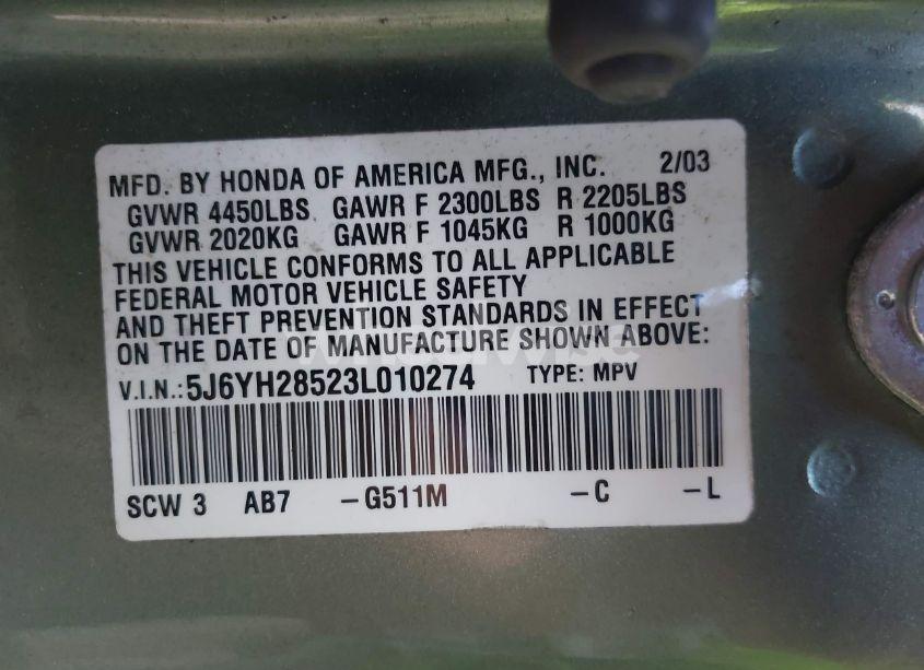 Photo 9 of 2003 Honda Element EX (VIN 5J6YH28523L010274)