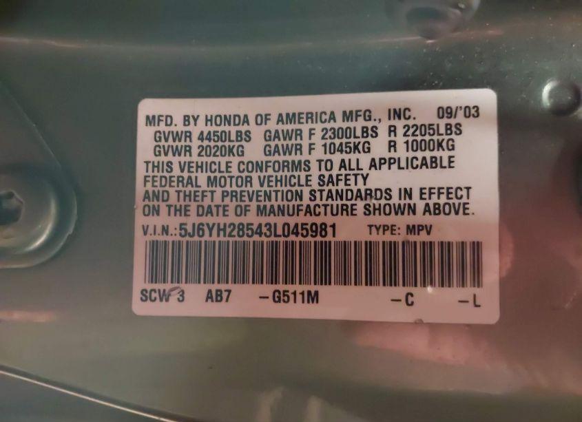 Photo 9 of 2003 Honda Element EX (VIN 5J6YH28543L045981)