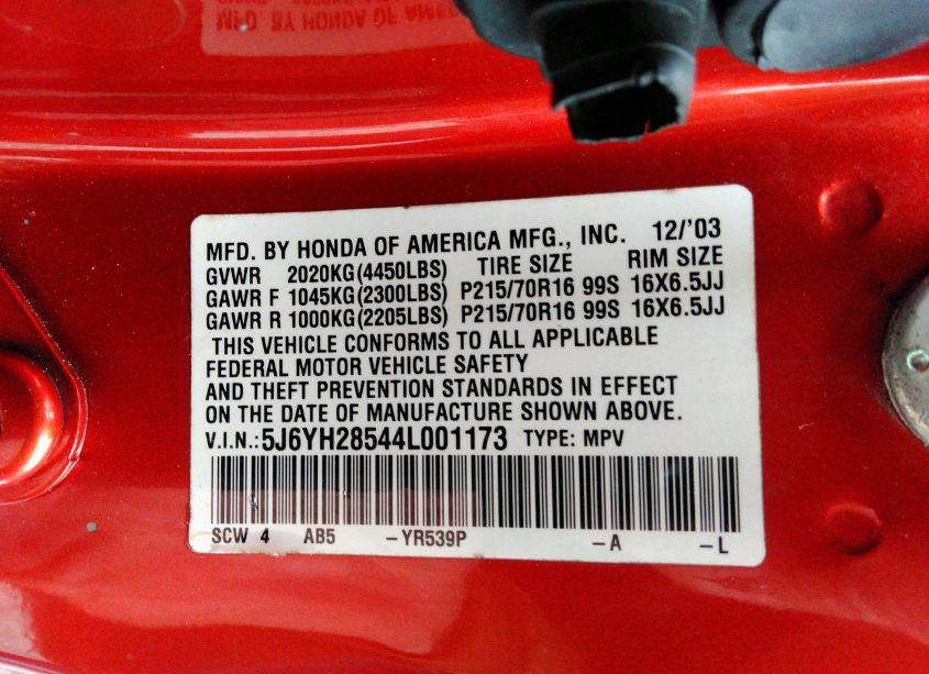 Photo 9 of 2004 Honda Element EX (VIN 5J6YH28544L001173)