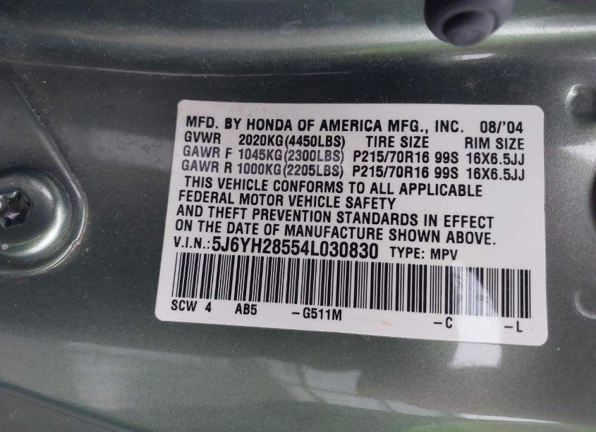 Photo 9 of 2004 Honda Element EX (VIN 5J6YH28554L030830)