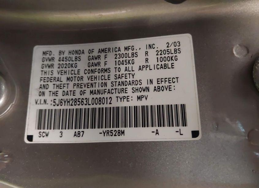 Photo 9 of 2003 Honda Element EX (VIN 5J6YH28563L008012)