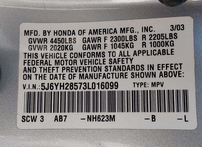 Photo 9 of 2003 Honda Element EX (VIN 5J6YH28573L016099)