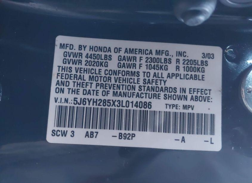 Photo 9 of 2003 Honda Element EX (VIN 5J6YH285X3L014086)