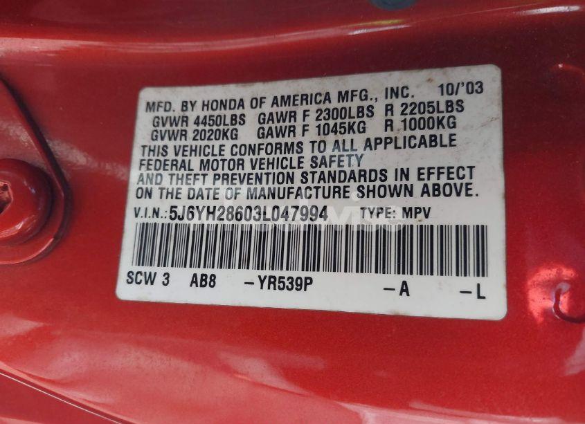 Photo 9 of 2003 Honda Element EX (VIN 5J6YH28603L047994)