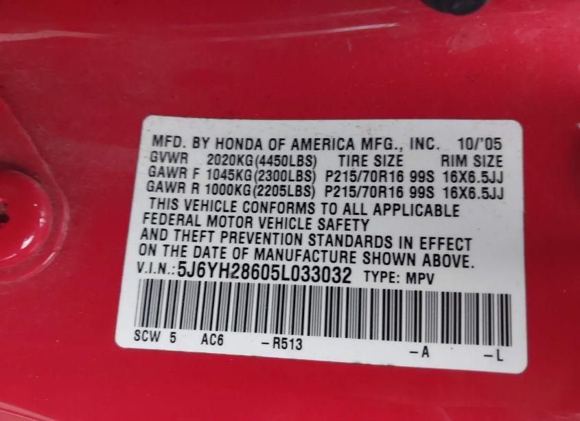 Photo 9 of 2005 Honda Element EX (VIN 5J6YH28605L033032)