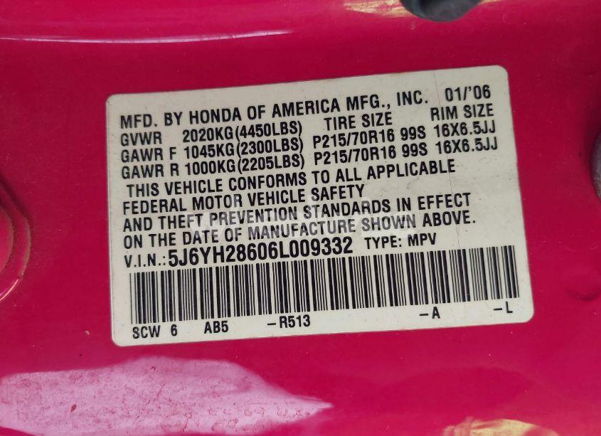 Photo 9 of 2006 Honda Element EX (VIN 5J6YH28606L009332)