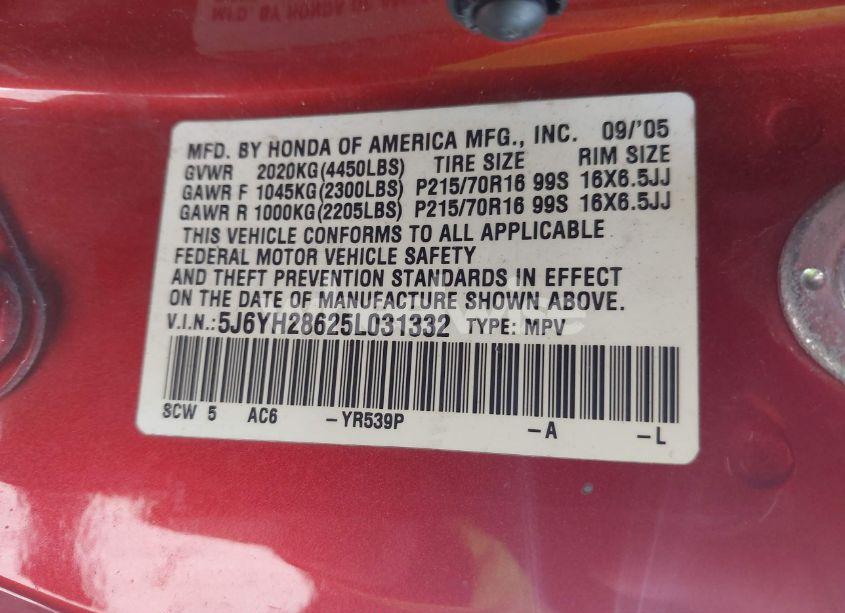 Photo 9 of 2005 Honda Element EX (VIN 5J6YH28625L031332)