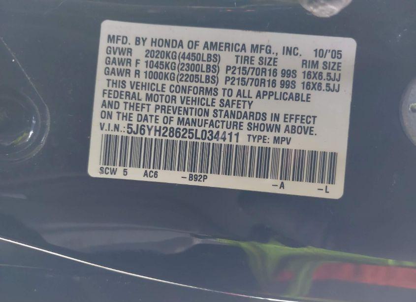 Photo 9 of 2005 Honda Element EX (VIN 5J6YH28625L034411)