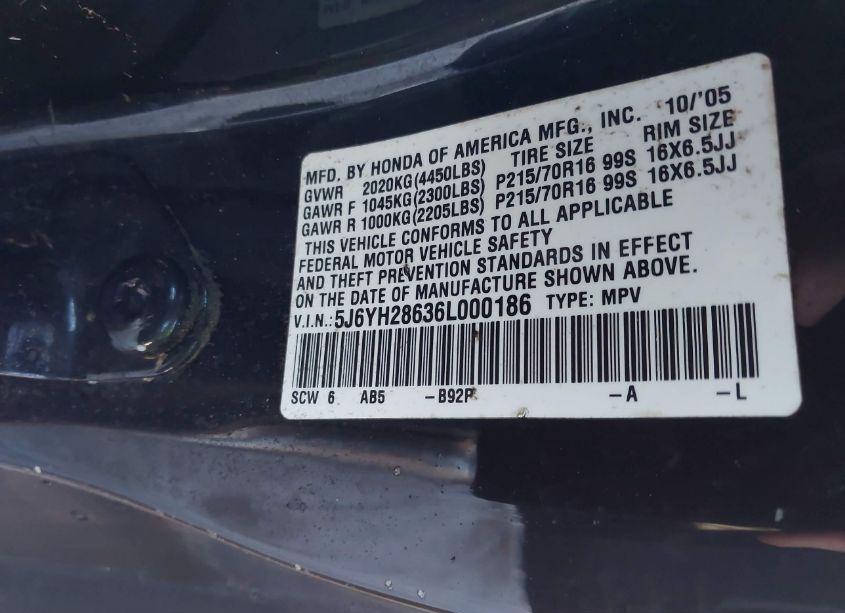 Photo 9 of 2006 Honda Element EX (VIN 5J6YH28636L000186)