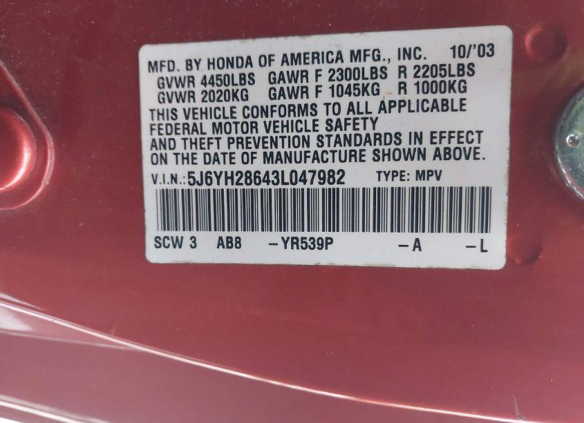 Photo 9 of 2003 Honda Element EX (VIN 5J6YH28643L047982)