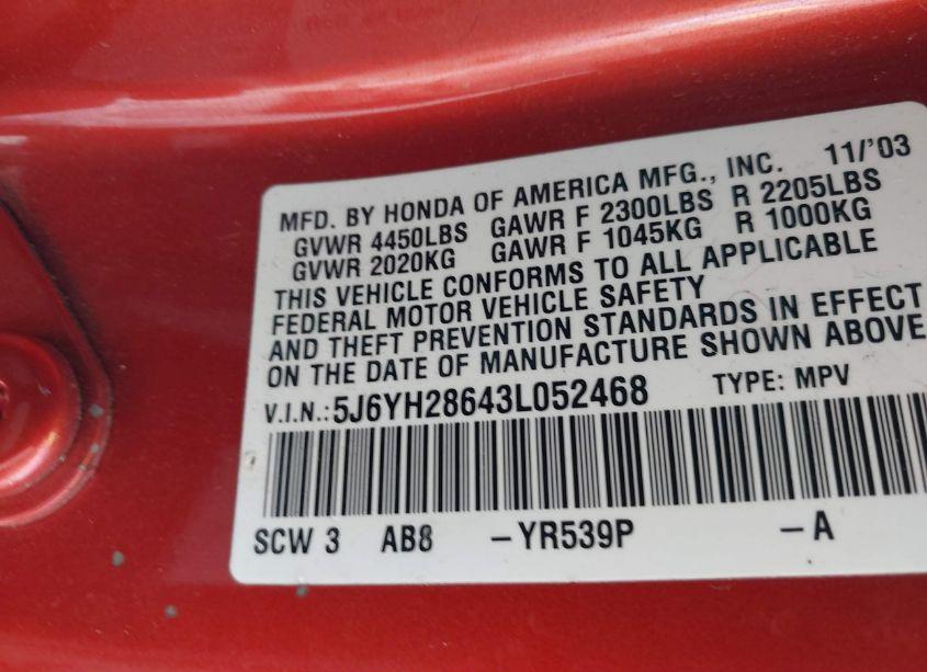Photo 9 of 2003 Honda Element EX (VIN 5J6YH28643L052468)