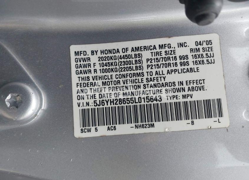 Photo 9 of 2005 Honda Element EX (VIN 5J6YH28655L015643)