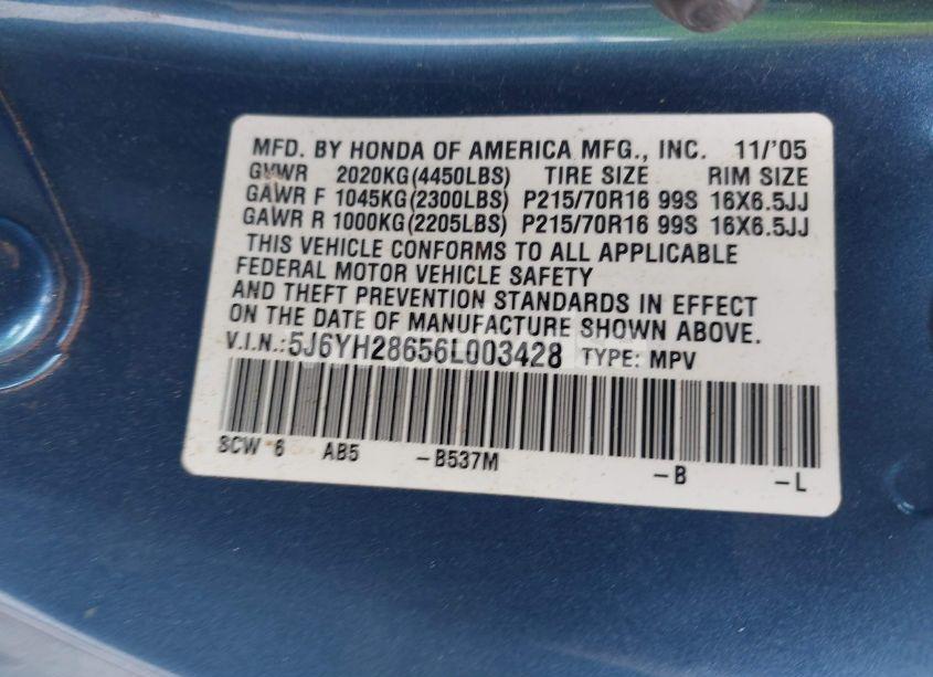 Photo 9 of 2006 Honda Element EX (VIN 5J6YH28656L003428)