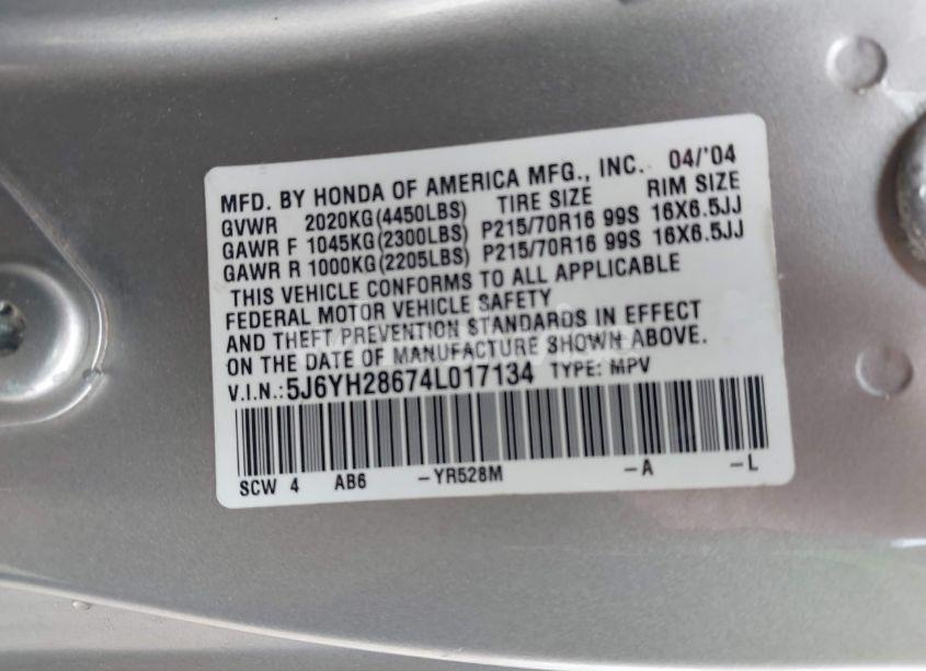 Photo 9 of 2004 Honda Element EX (VIN 5J6YH28674L017134)