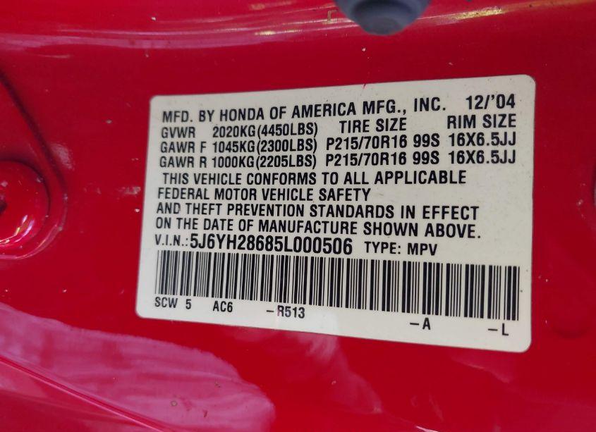 Photo 9 of 2005 Honda Element EX (VIN 5J6YH28685L000506)