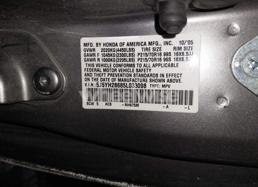 Photo 9 of 2005 Honda Element EX (VIN 5J6YH28685L033098)