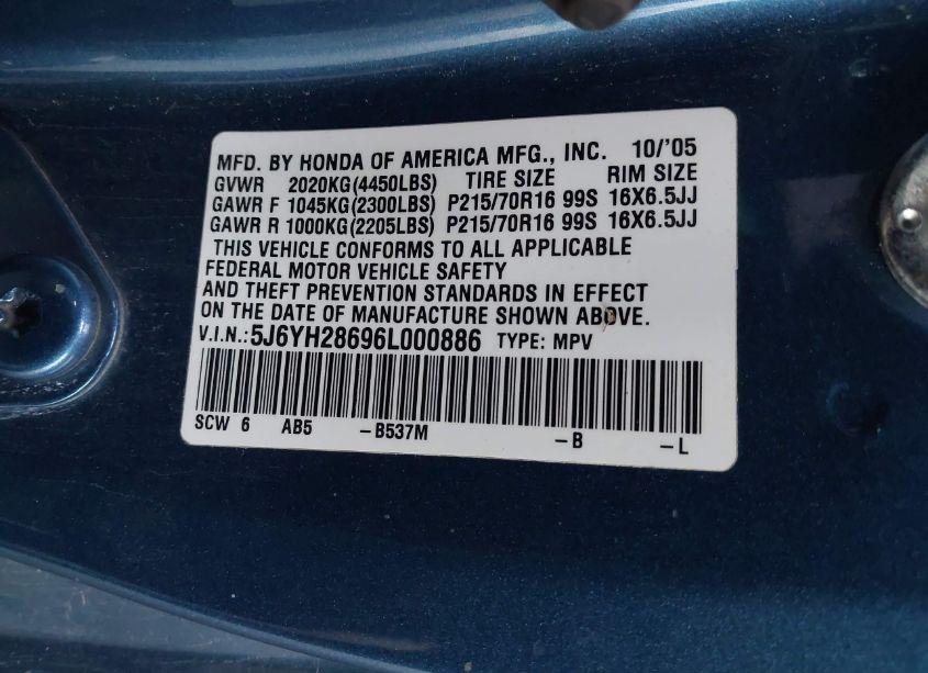Photo 9 of 2006 Honda Element EX (VIN 5J6YH28696L000886)