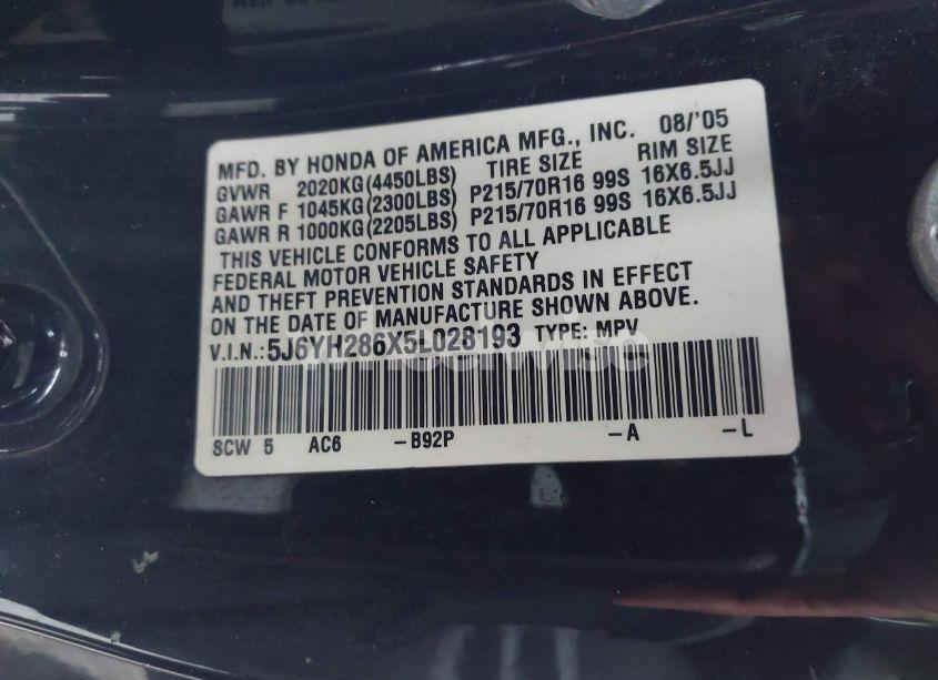 Photo 9 of 2005 Honda Element EX (VIN 5J6YH286X5L028193)