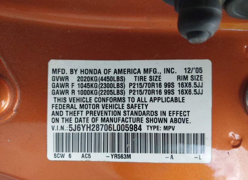 Photo 9 of 2006 Honda Element EX-P (VIN 5J6YH28706L005984)