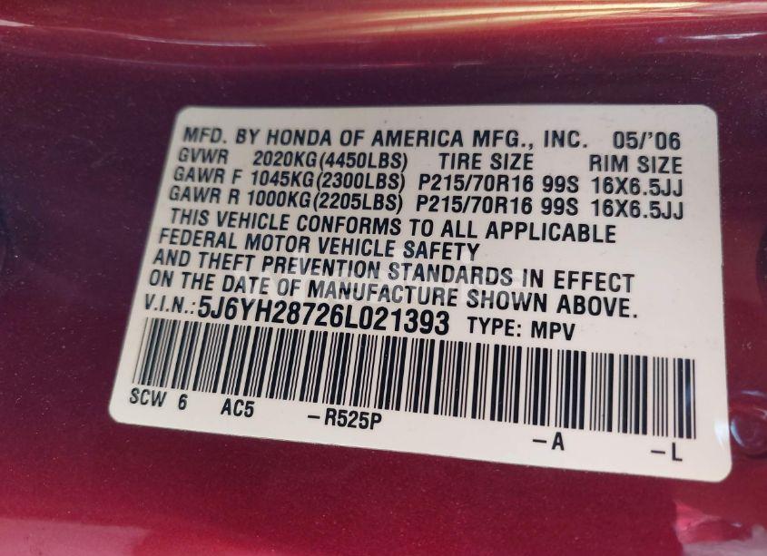 Photo 9 of 2006 Honda Element EX-P (VIN 5J6YH28726L021393)