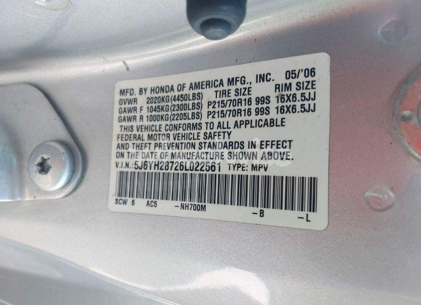 Photo 9 of 2006 Honda Element EX-P (VIN 5J6YH28726L022561)