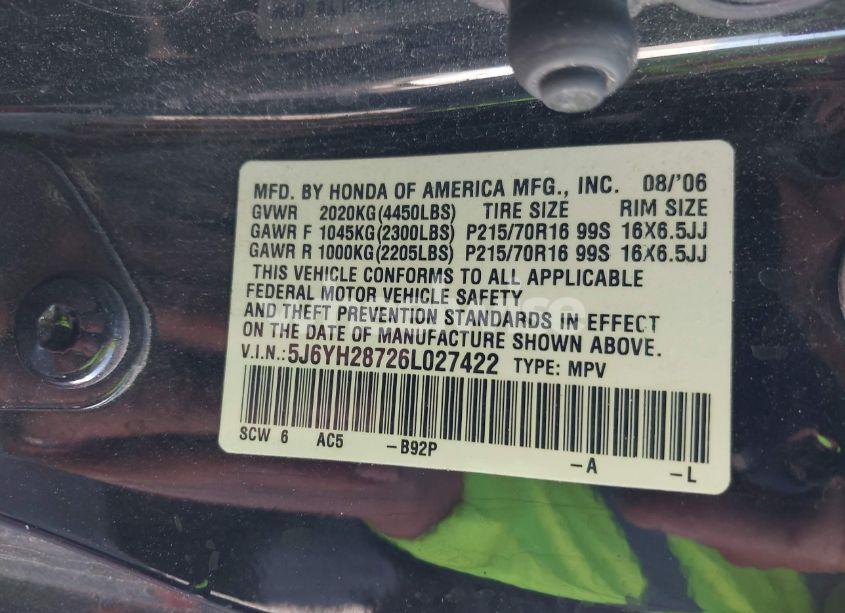 Photo 9 of 2006 Honda Element EX-P (VIN 5J6YH28726L027422)