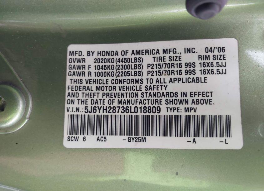 Photo 9 of 2006 Honda Element EX-P (VIN 5J6YH28736L018809)